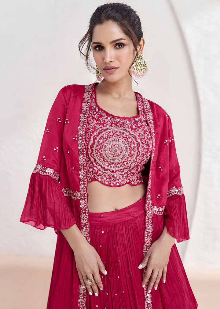 Magenta Pink Embroidered Georgette Top & Skirt Set with Jacket