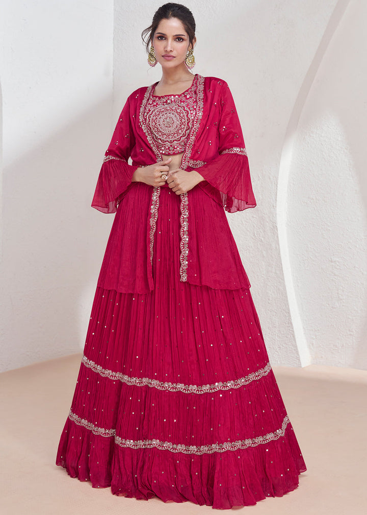 Magenta Pink Embroidered Georgette Top & Skirt Set with Jacket