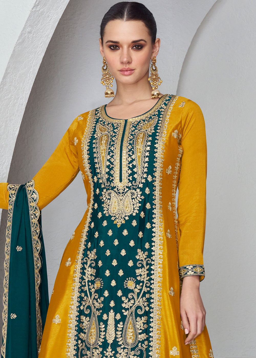 Yellow & Green Embroidered Chinon Silk Plazzo Suit