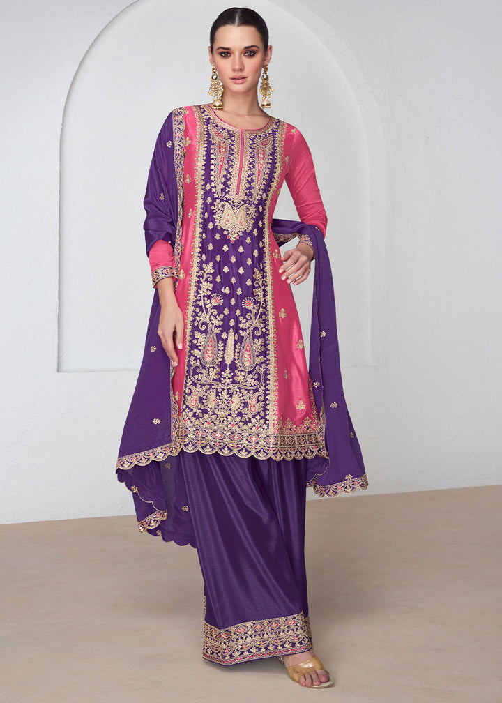 Purple & Pink Embroidered Chinon Silk Plazzo Suit