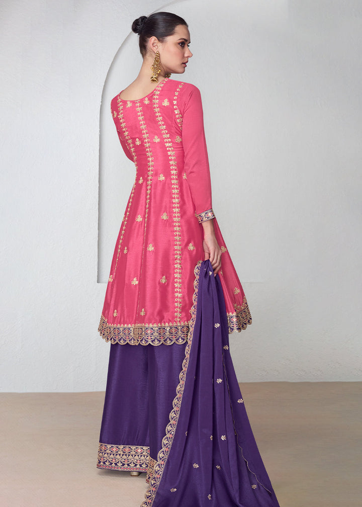 Purple & Pink Embroidered Chinon Silk Plazzo Suit