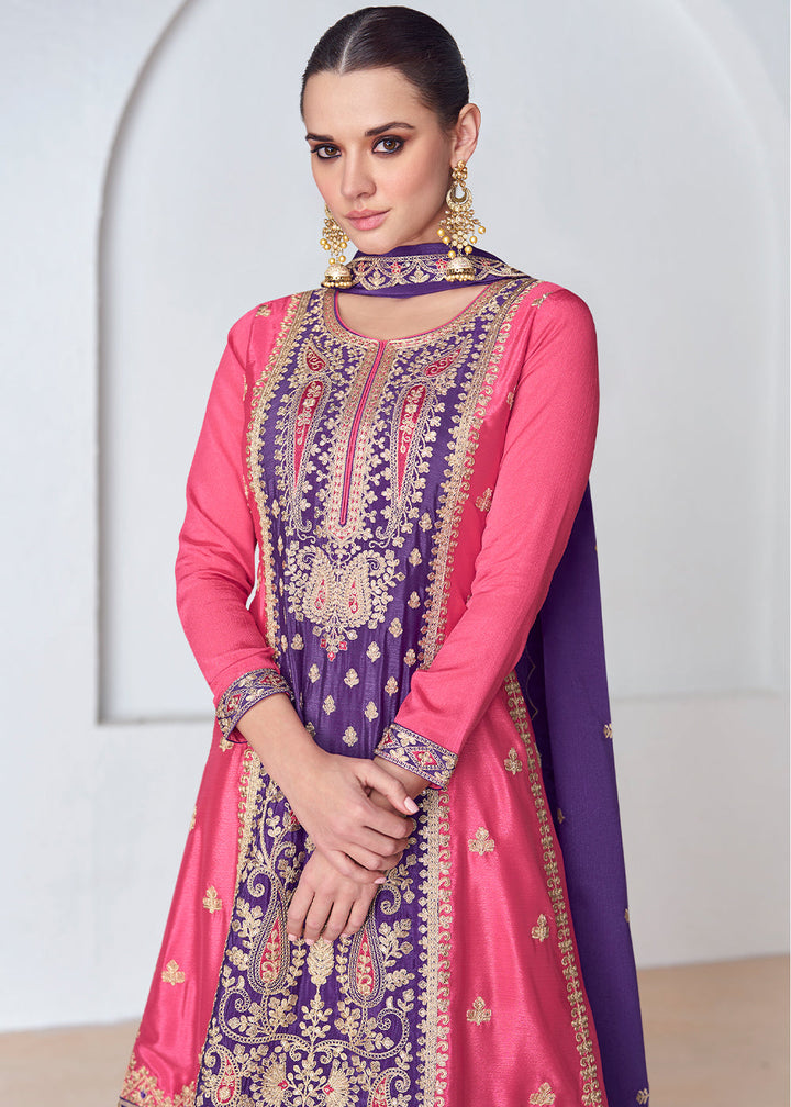 Purple & Pink Embroidered Chinon Silk Plazzo Suit