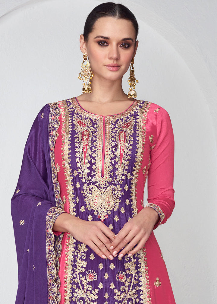 Purple & Pink Embroidered Chinon Silk Plazzo Suit