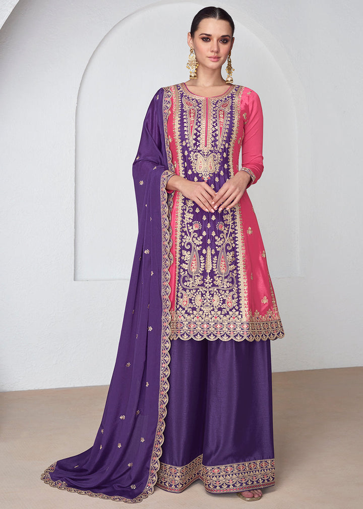 Purple & Pink Embroidered Chinon Silk Plazzo Suit