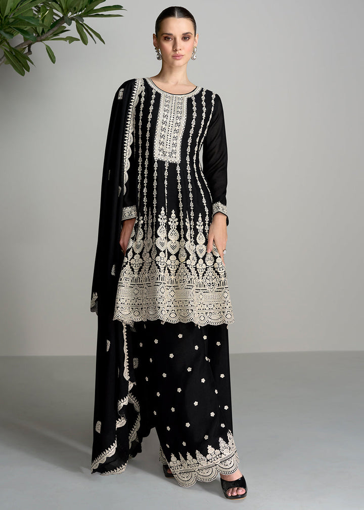 Pebble Black Chinon Silk Salwar Suit with Embroidery work