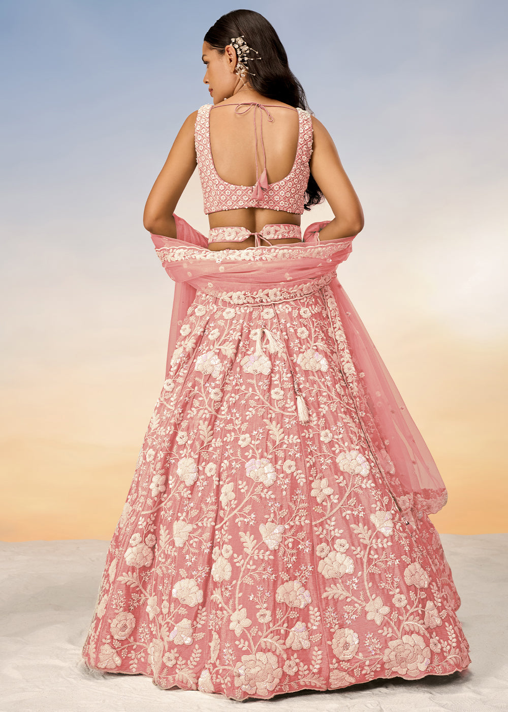 Flamingo Pink Georgette Lehenga Choli with Sequins & Zarkan Embroidery work