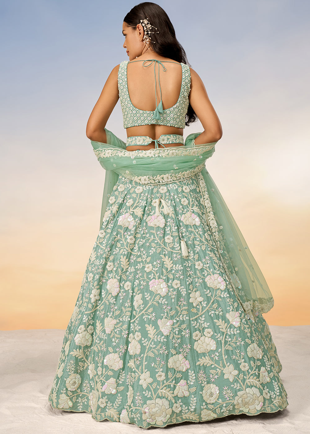 Sea Green Georgette Lehenga Choli with Sequins & Zarkan Embroidery work