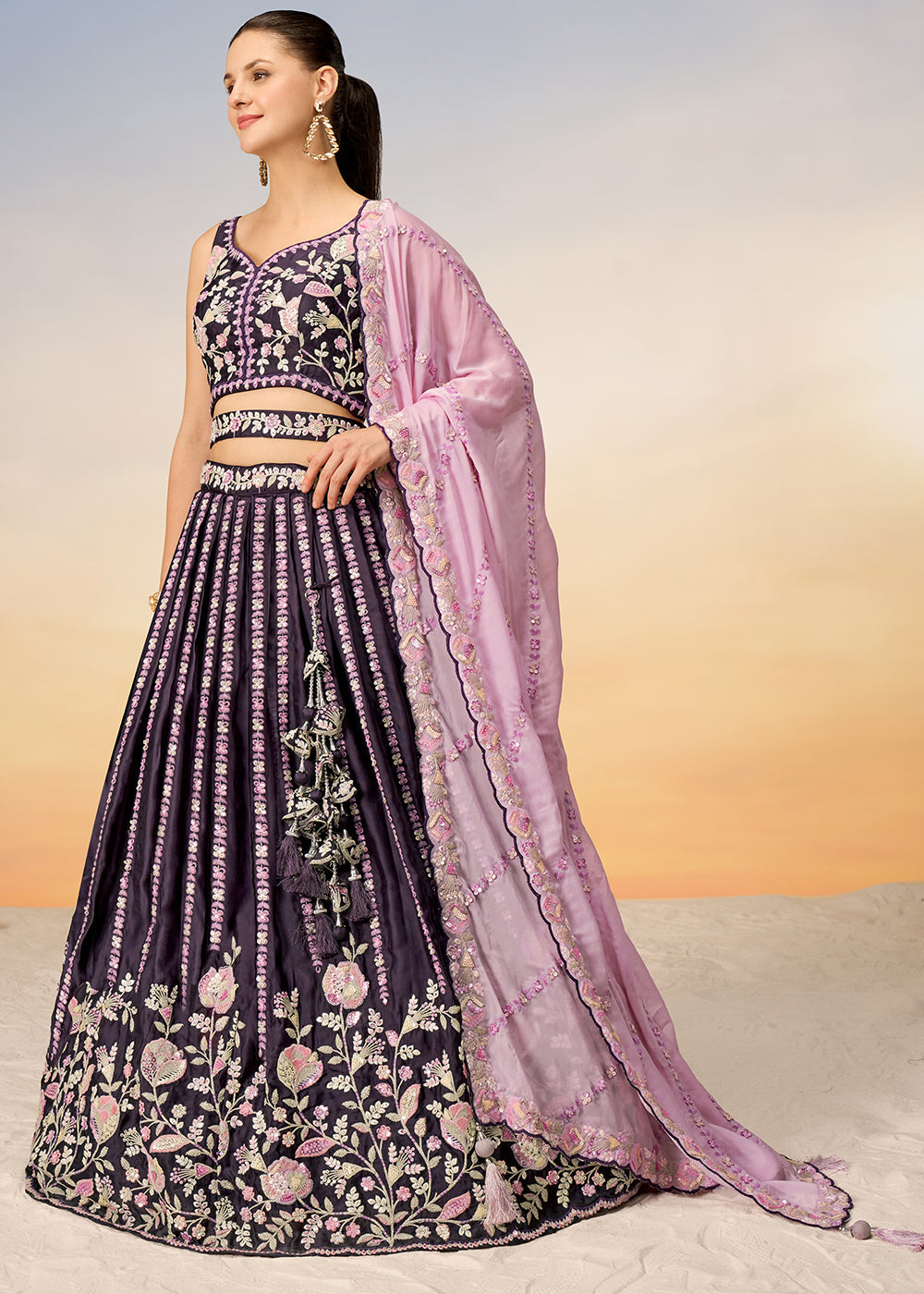 Raisin Purple Satin Lehenga Choli with Sequins & Zarkan Embroidery work