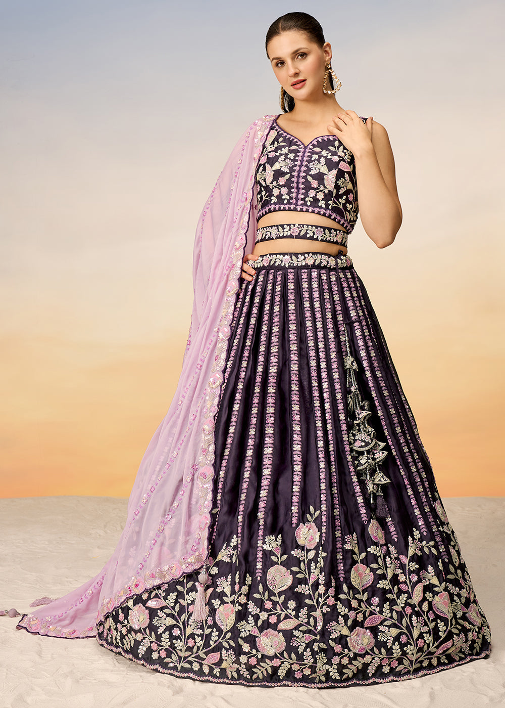 Raisin Purple Satin Lehenga Choli with Sequins & Zarkan Embroidery work