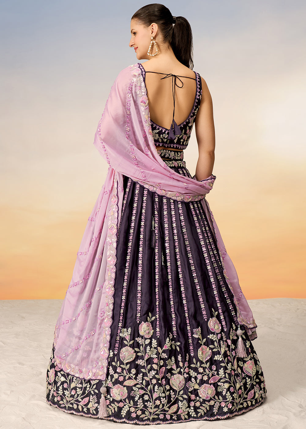 Raisin Purple Satin Lehenga Choli with Sequins & Zarkan Embroidery work