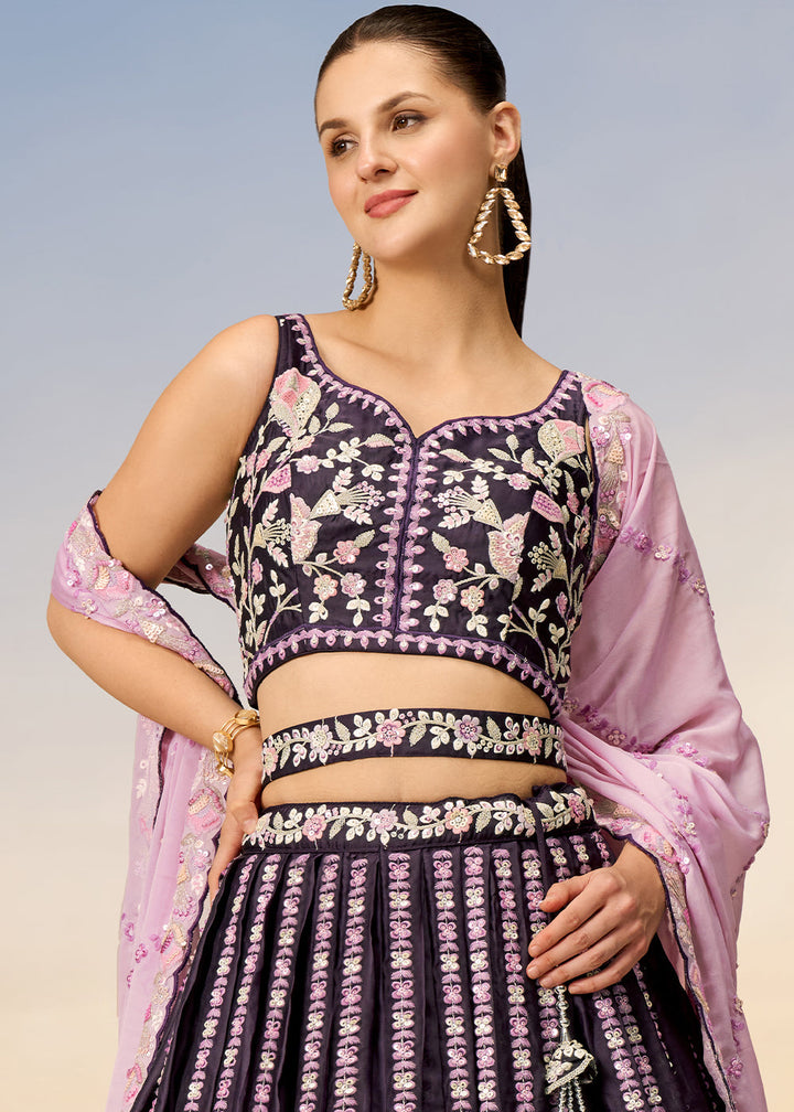 Raisin Purple Satin Lehenga Choli with Sequins & Zarkan Embroidery work