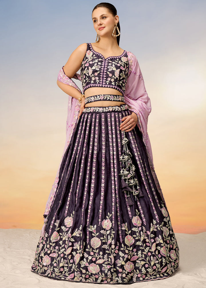 Raisin Purple Satin Lehenga Choli with Sequins & Zarkan Embroidery work