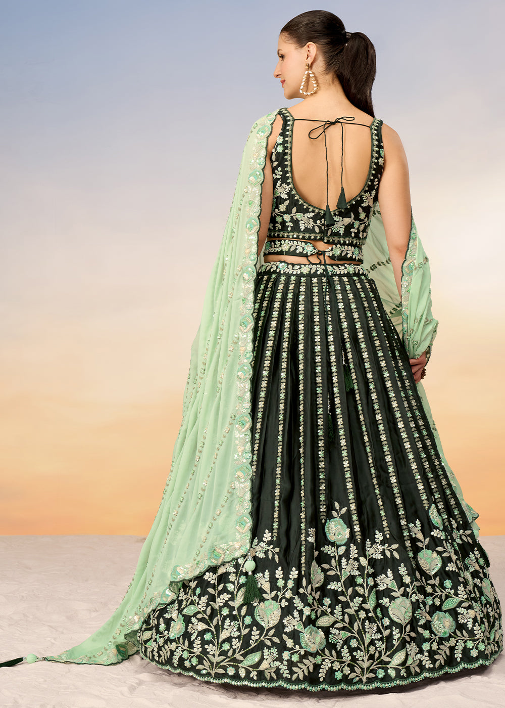 Shades Of Green Satin Lehenga Choli with Heavy Sequins Embroidery work