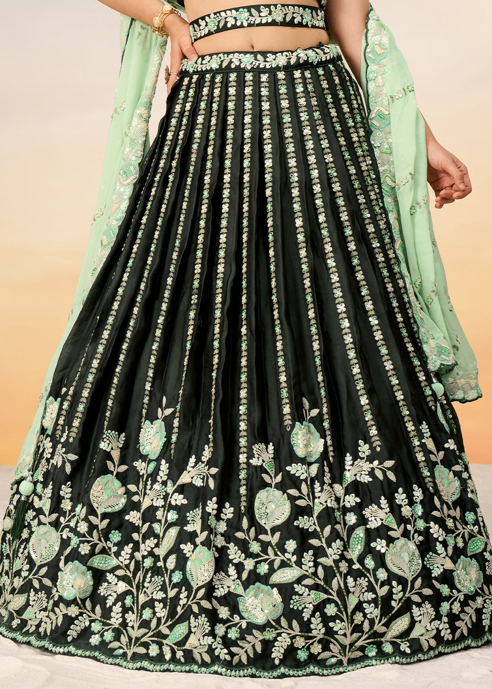 Shades Of Green Satin Lehenga Choli with Heavy Sequins Embroidery work