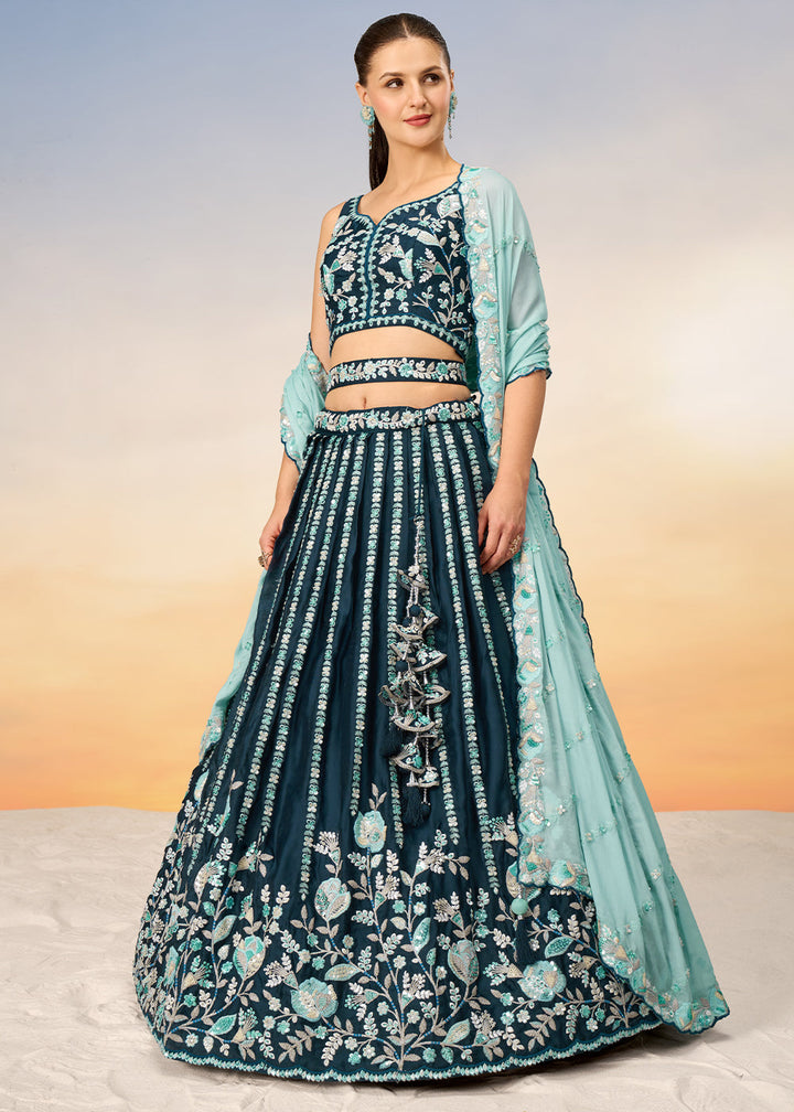 Teal Green Satin Lehenga Choli with Heavy Sequins Embroidery work