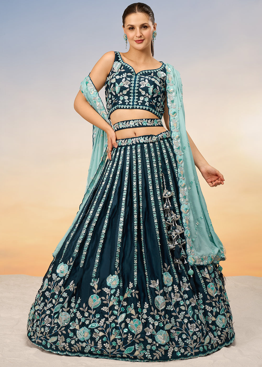 Teal Green Satin Lehenga Choli with Heavy Sequins Embroidery work