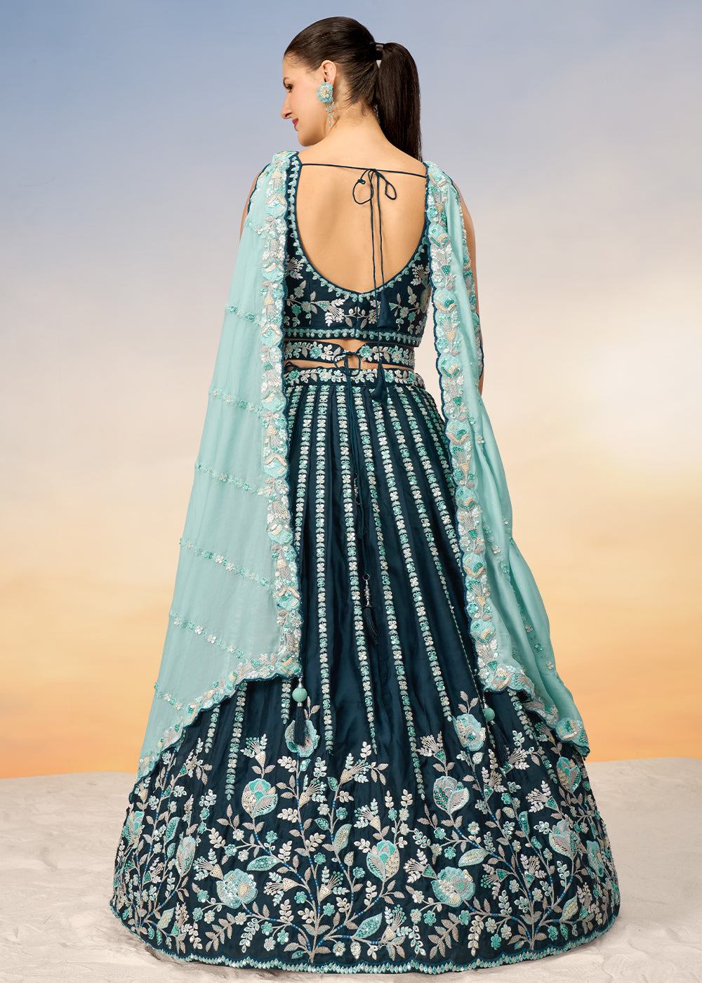 Teal Green Satin Lehenga Choli with Heavy Sequins Embroidery work