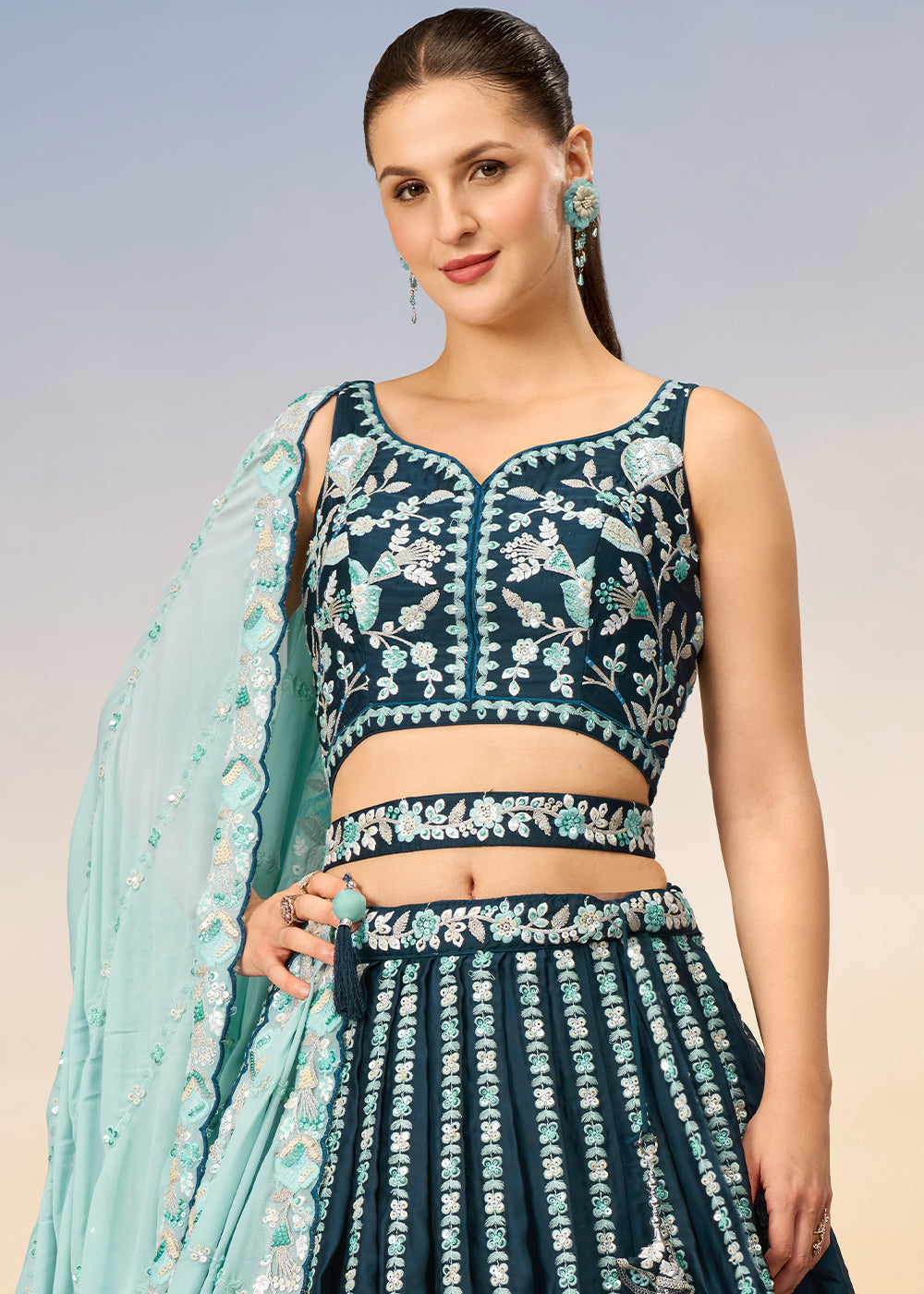 Teal Green Satin Lehenga Choli with Heavy Sequins Embroidery work