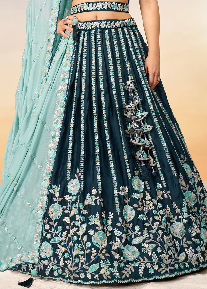 Teal Green Satin Lehenga Choli with Heavy Sequins Embroidery work