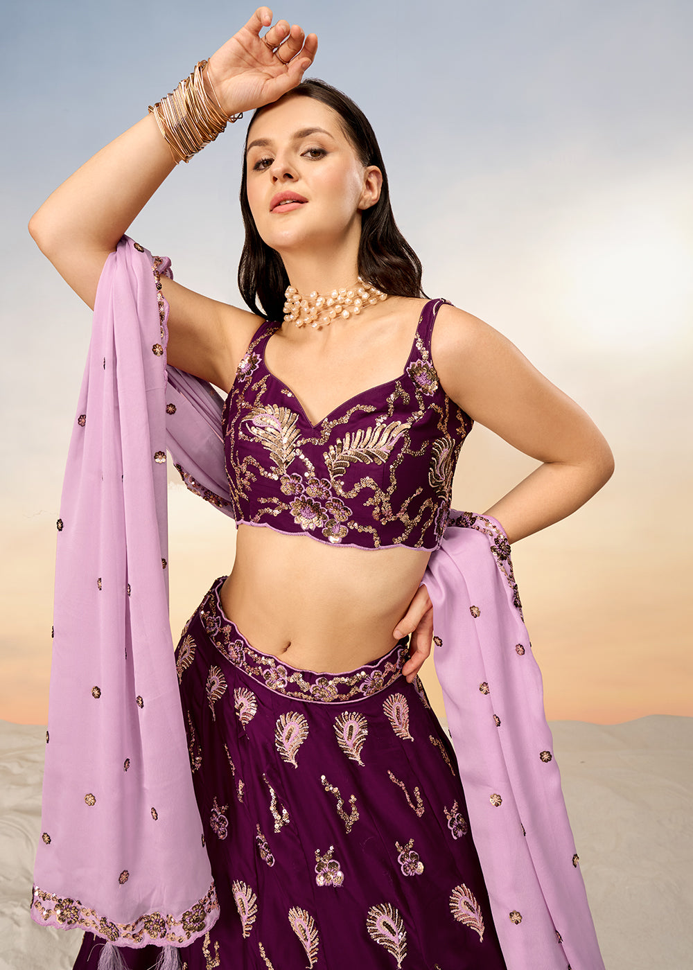 Sangria Purple Georgette Lehenga Choli with Heavy Sequins Embroidery work