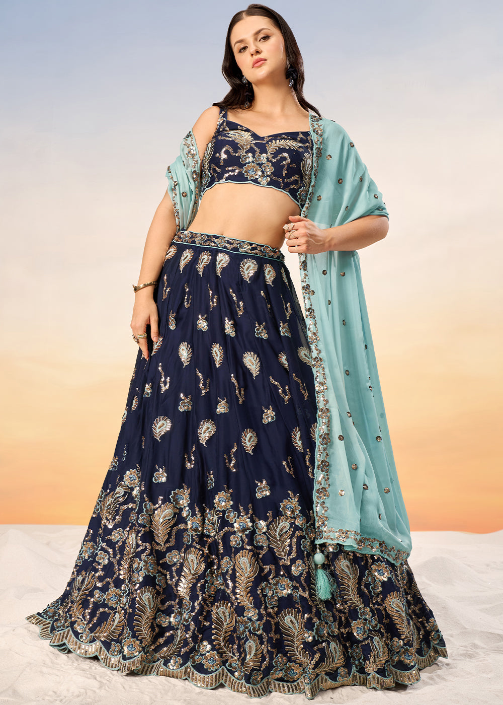 Navy Blue Georgette Lehenga Choli with Heavy Sequins Embroidery work