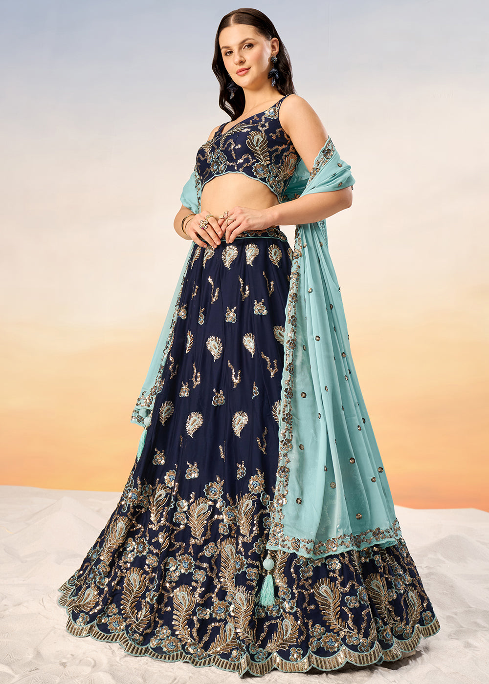 Navy Blue Georgette Lehenga Choli with Heavy Sequins Embroidery work