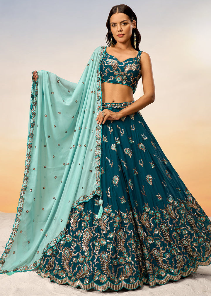 Teal Green Georgette Lehenga Choli with Heavy Sequins Embroidery work