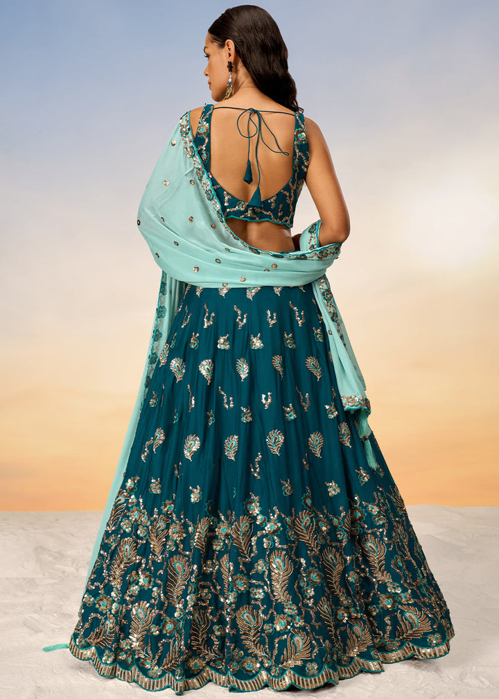 Teal Green Georgette Lehenga Choli with Heavy Sequins Embroidery work