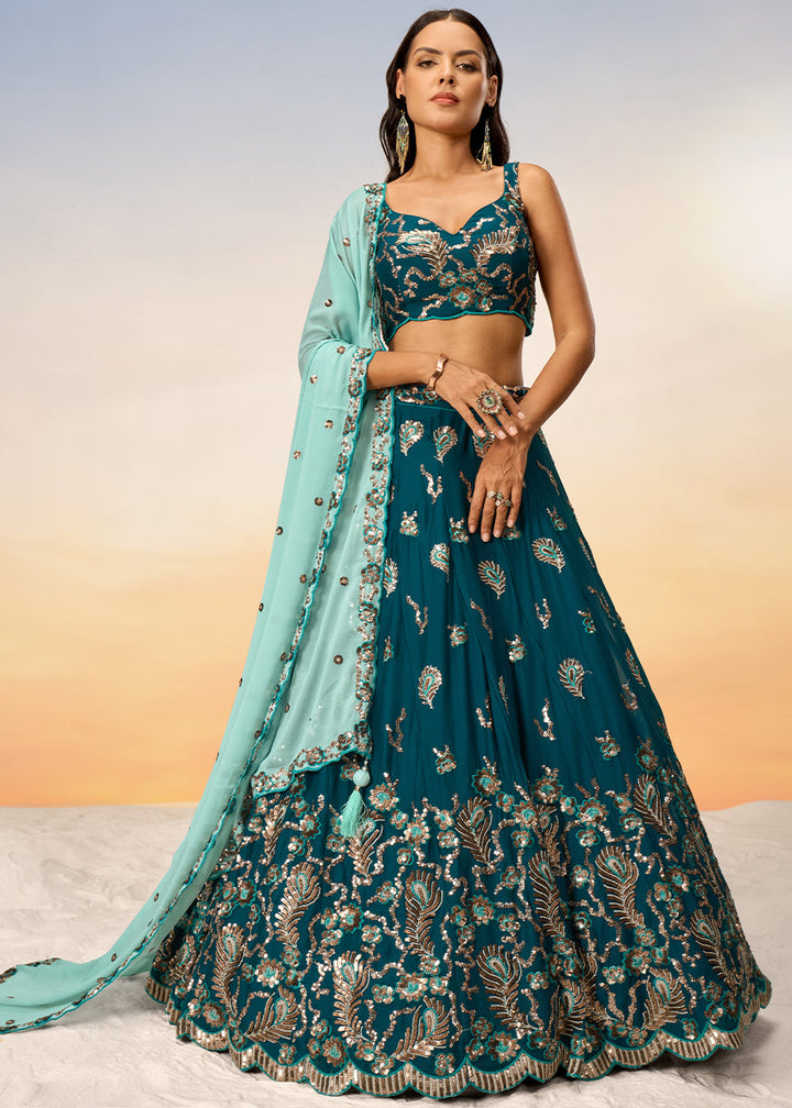 Teal Green Georgette Lehenga Choli with Heavy Sequins Embroidery work