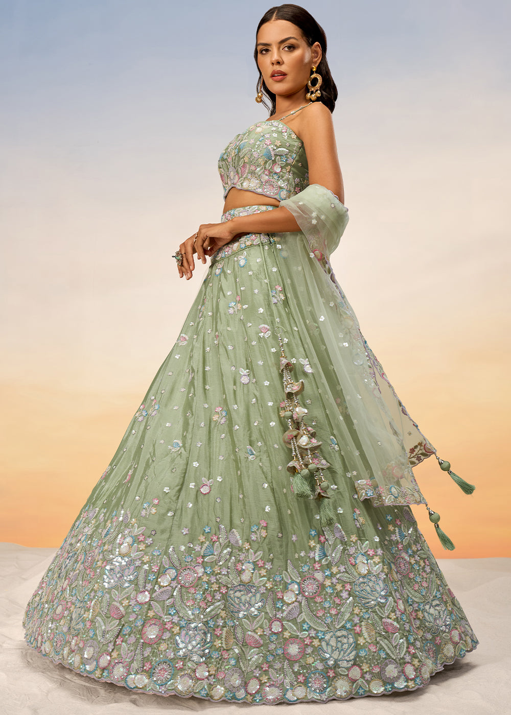 Pastel Green Chiffon Lehenga Choli with Sequins & Thread Embroidery work