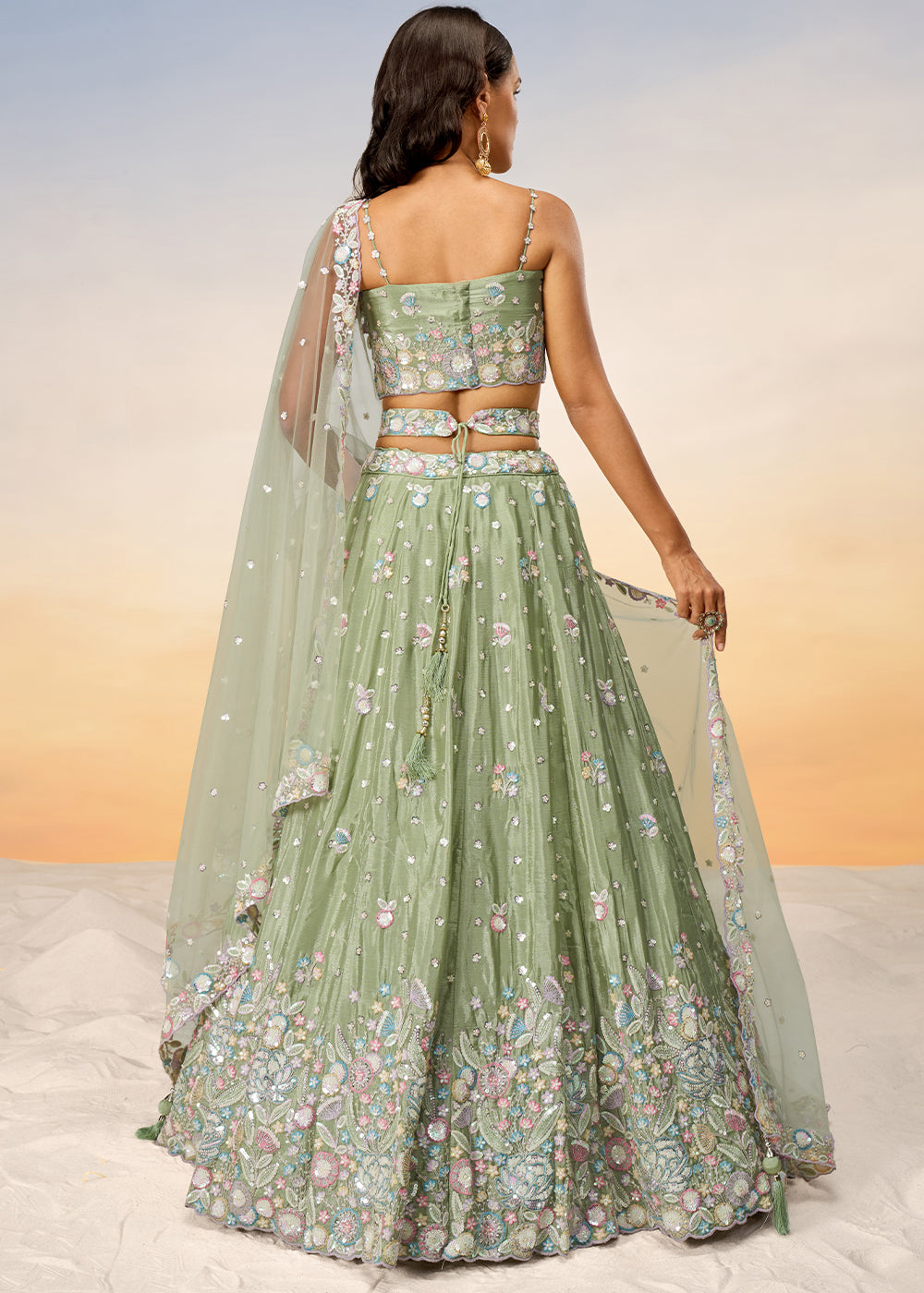 Pastel Green Chiffon Lehenga Choli with Sequins & Thread Embroidery work