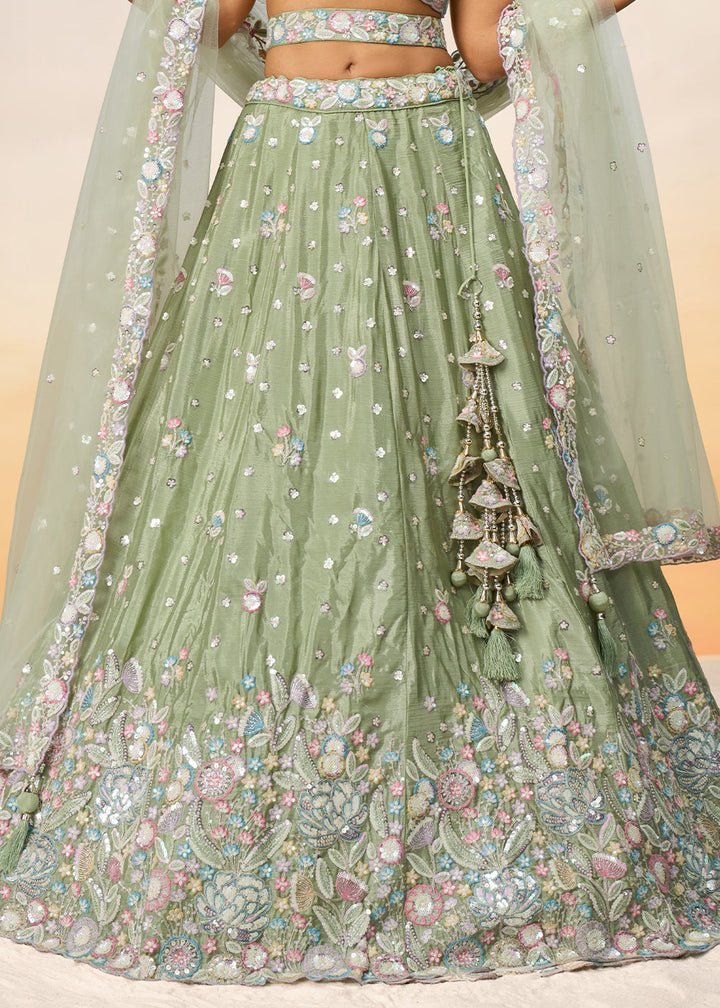 Pastel Green Chiffon Lehenga Choli with Sequins & Thread Embroidery work