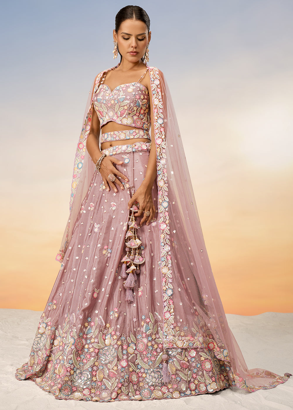 Rose Gold Pink Chiffon Lehenga Choli with Sequins & Thread Embroidery work