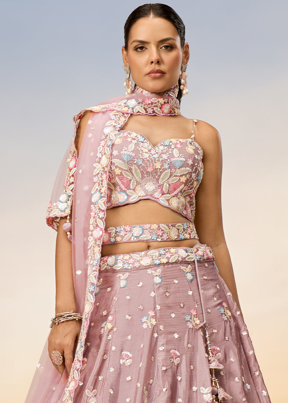 Rose Gold Pink Chiffon Lehenga Choli with Sequins & Thread Embroidery work