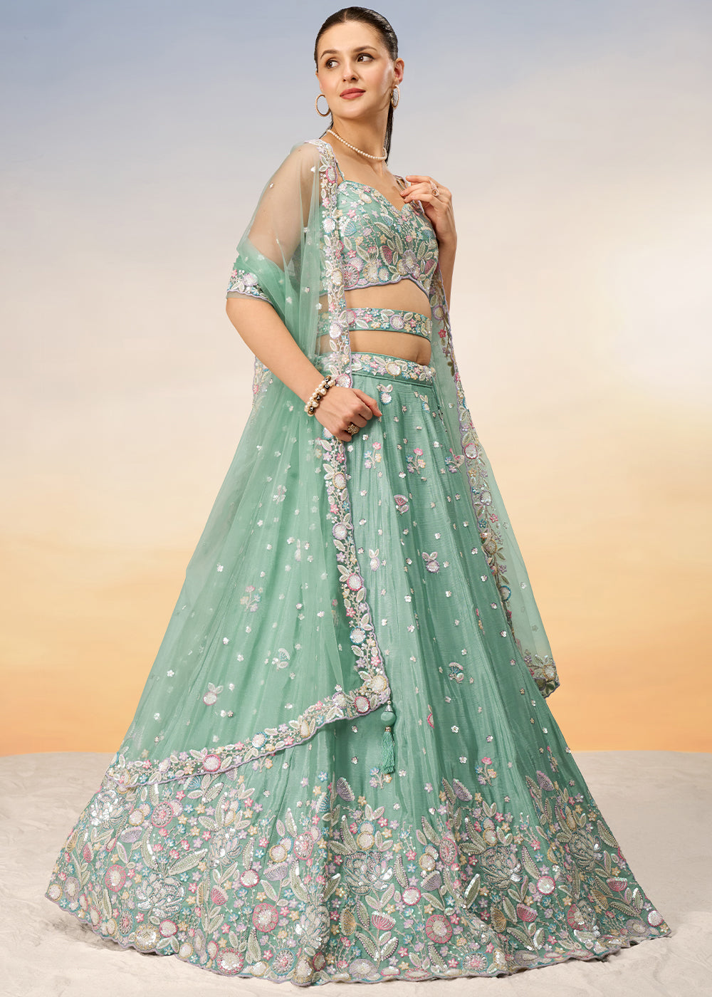 Light Sea Green Chiffon Lehenga Choli with Sequins & Thread Embroidery work