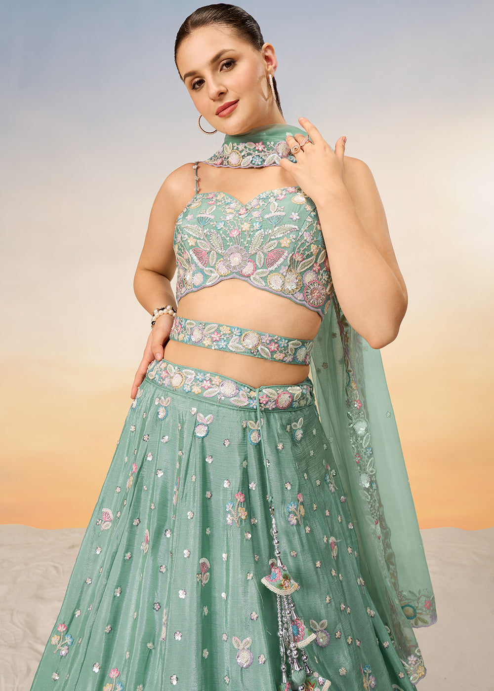 Light Sea Green Chiffon Lehenga Choli with Sequins & Thread Embroidery work