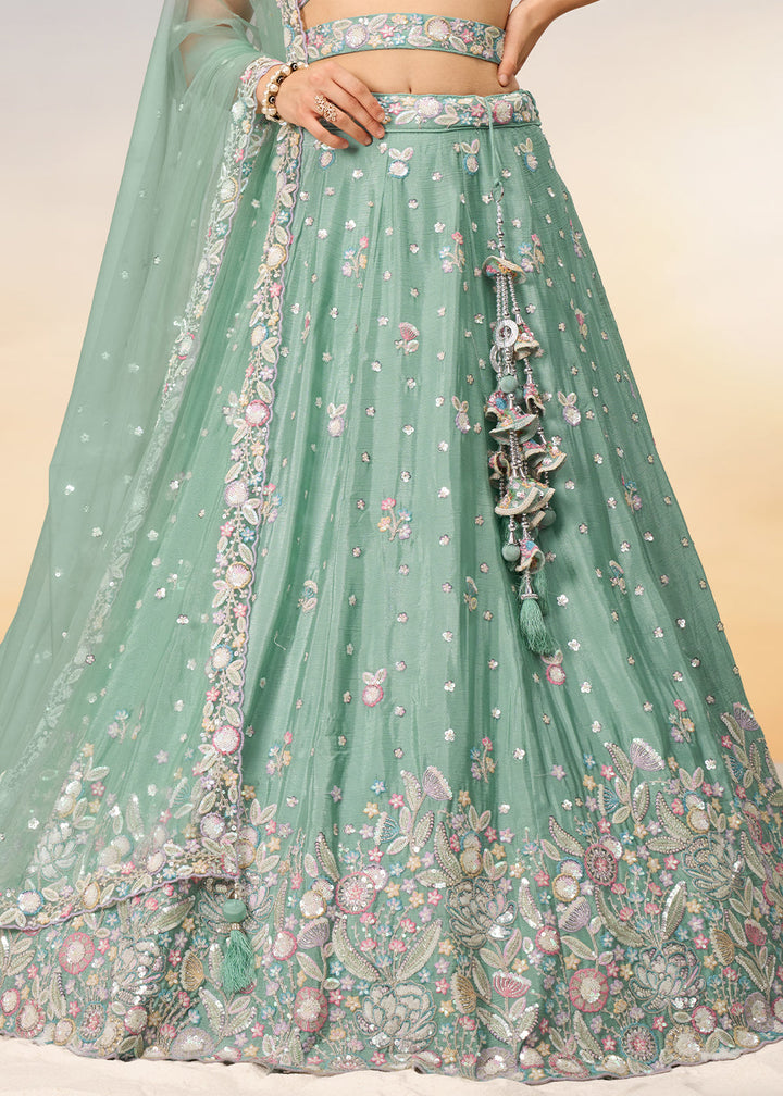 Light Sea Green Chiffon Lehenga Choli with Sequins & Thread Embroidery work