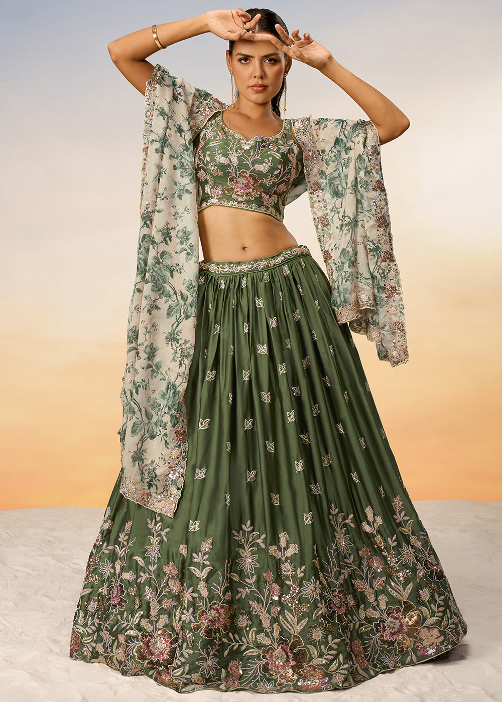 Olive Green Chiffon Lehenga Choli with Sequins work