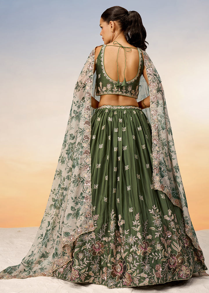 Olive Green Chiffon Lehenga Choli with Sequins work