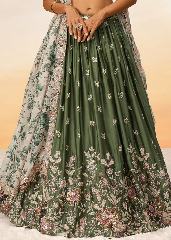 Olive Green Chiffon Lehenga Choli with Sequins work