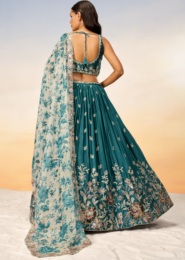 Teal Blue Chiffon Lehenga Choli with Sequins work