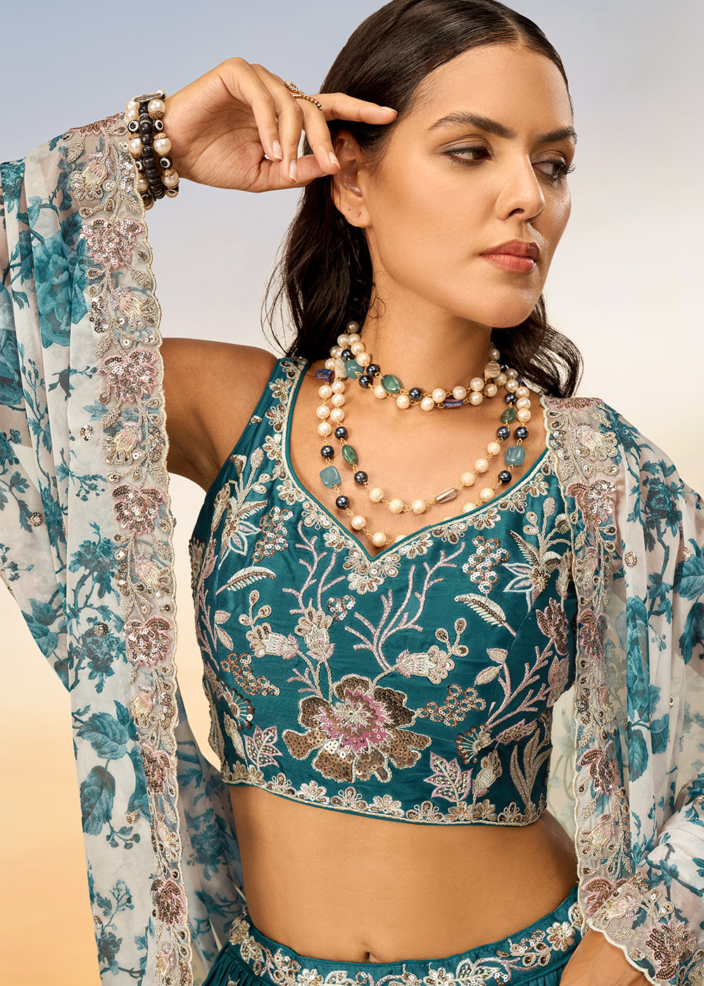 Teal Blue Chiffon Lehenga Choli with Sequins work