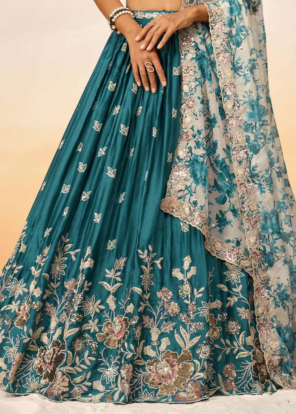 Teal Blue Chiffon Lehenga Choli with Sequins work