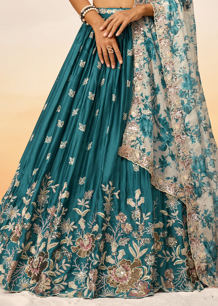 Teal Blue Chiffon Lehenga Choli with Sequins work