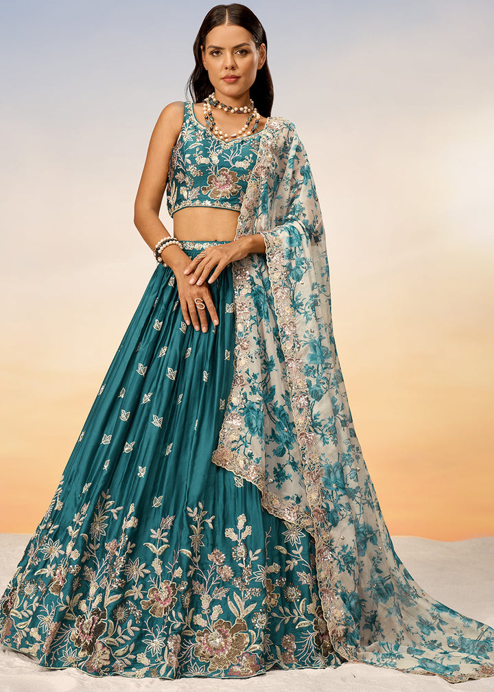 Teal Blue Chiffon Lehenga Choli with Sequins work