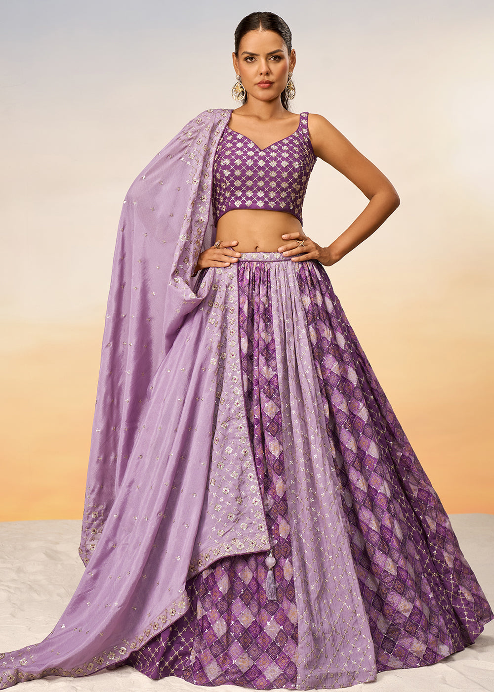 Shades Of Purple Chiffon Lehenga Choli with Sequins work