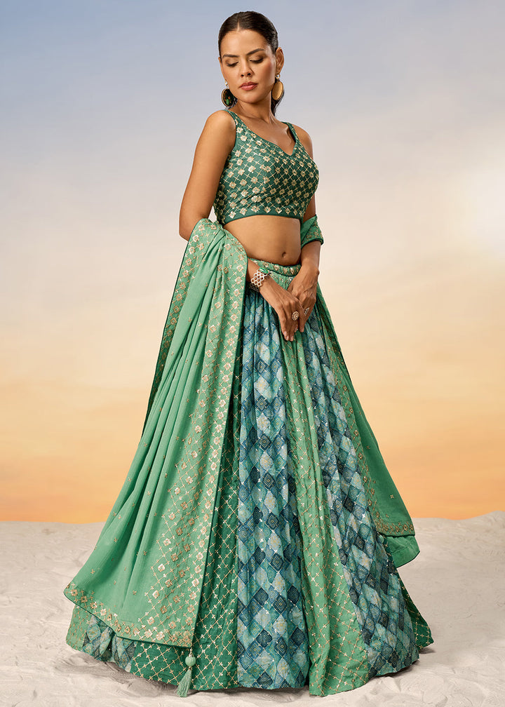 Shades Of Blue & Green Chiffon Lehenga Choli with Sequins work