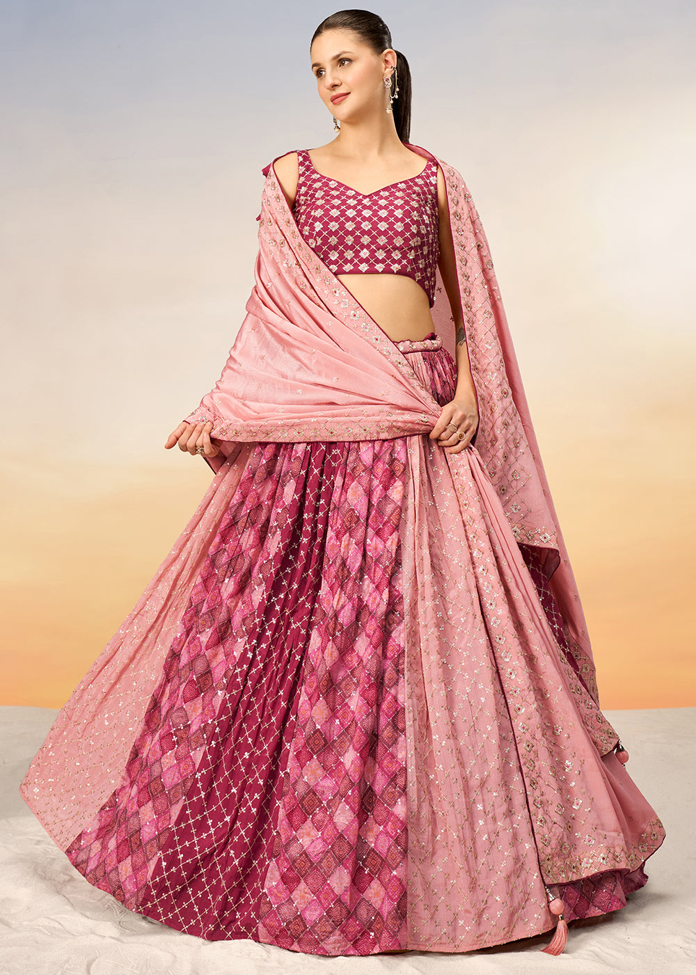 Shades Of Pink Chiffon Lehenga Choli with Sequins work