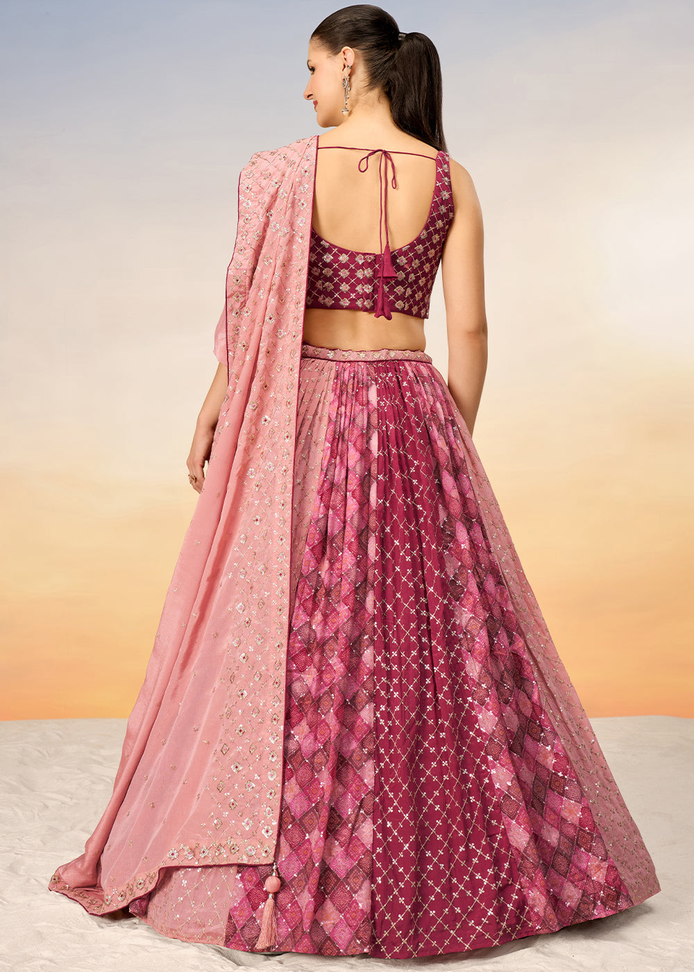 Shades Of Pink Chiffon Lehenga Choli with Sequins work