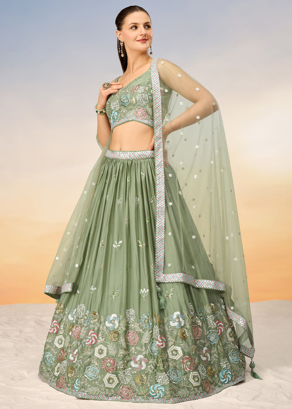 Lime Green Georgette Lehenga Choli with Sequins work